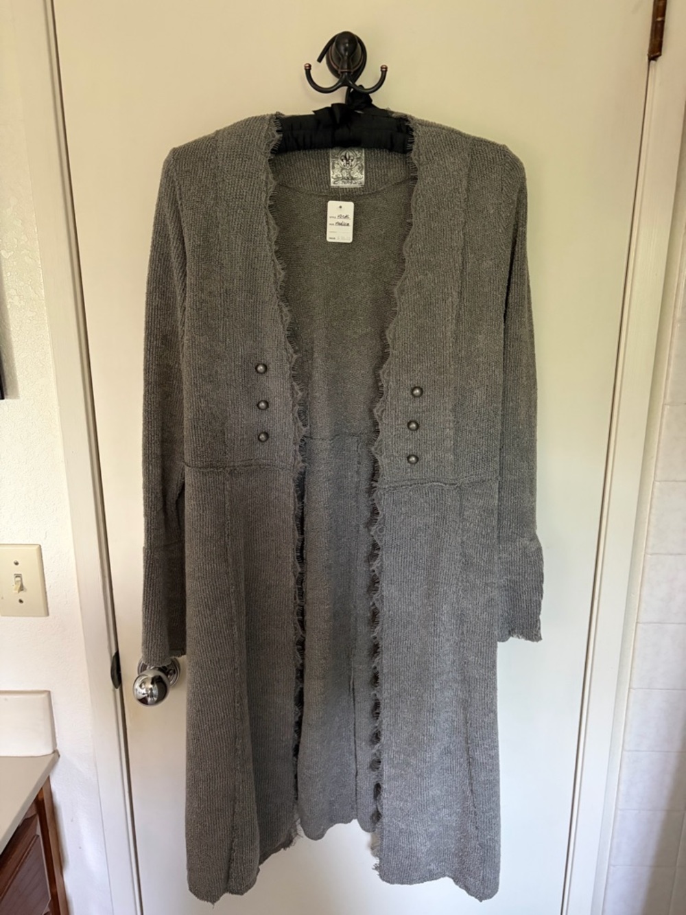Gray Long Open-Front Women's Long Cardigan Sweater with Lace Trim